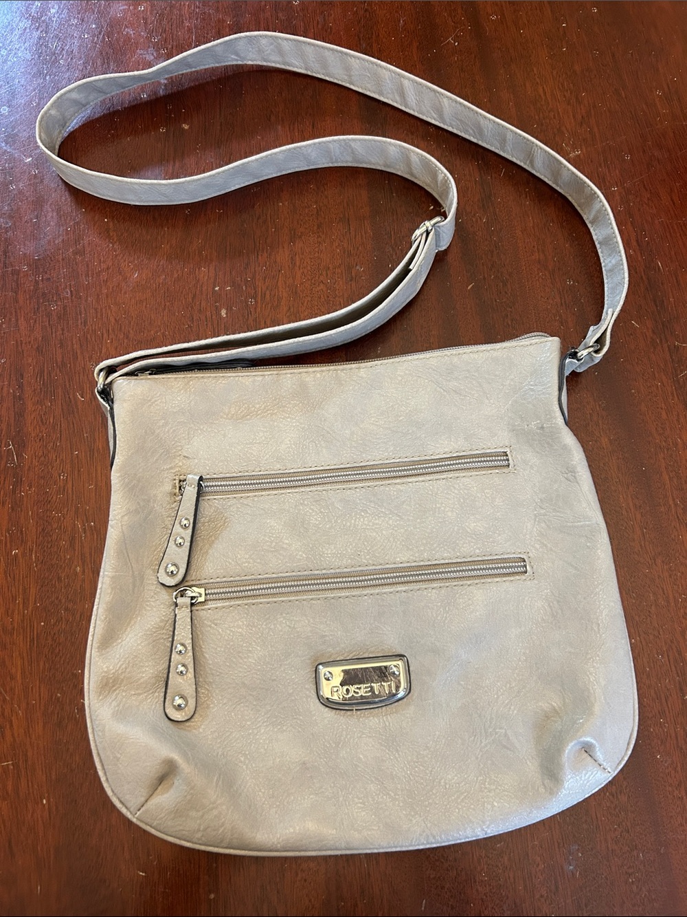 Rosetti Taupe Crossbody Bag with Front Zip Pockets 11” EUC